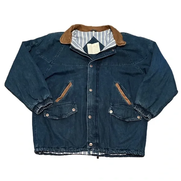 Vintage Genuine Leather Trimmed Denim Coat by SERGIO - Picture 1 of 4